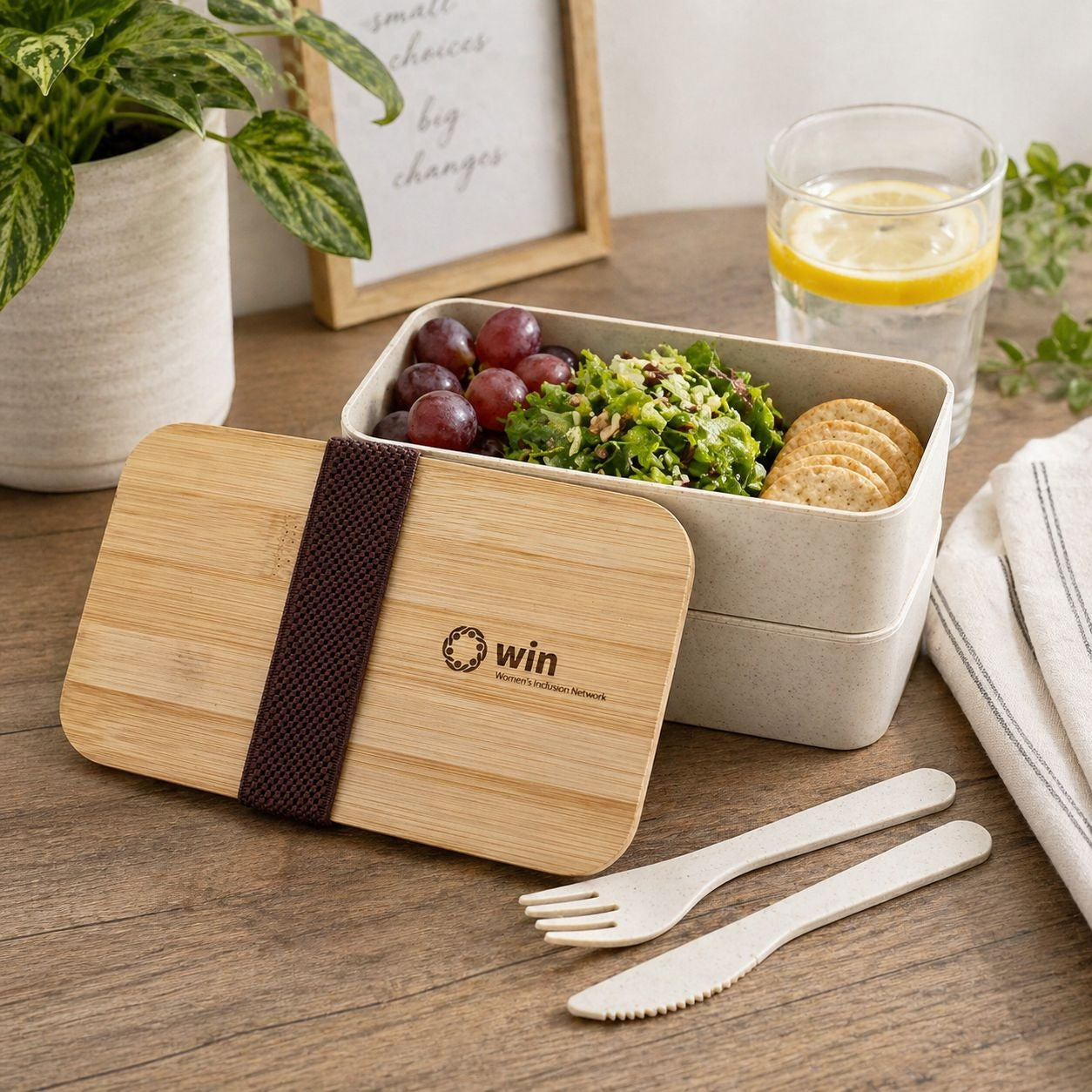 WIN Women’s Inclusion Network Wheat Straw Bento Lunch Box Bamboo Lid Utensils