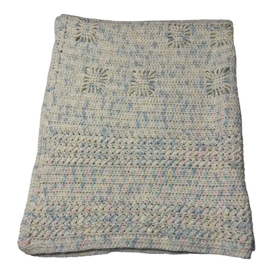VTG Hand Crocheted Baby Blanket – Late 1990s to Early 2000s – Shimmering Pastel Yarn – 30 x 35 Inches – Starburst Pattern