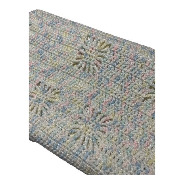 VTG Hand Crocheted Baby Blanket – Late 1990s to Early 2000s – Shimmering Pastel Yarn – 30 x 35 Inches – Starburst Pattern