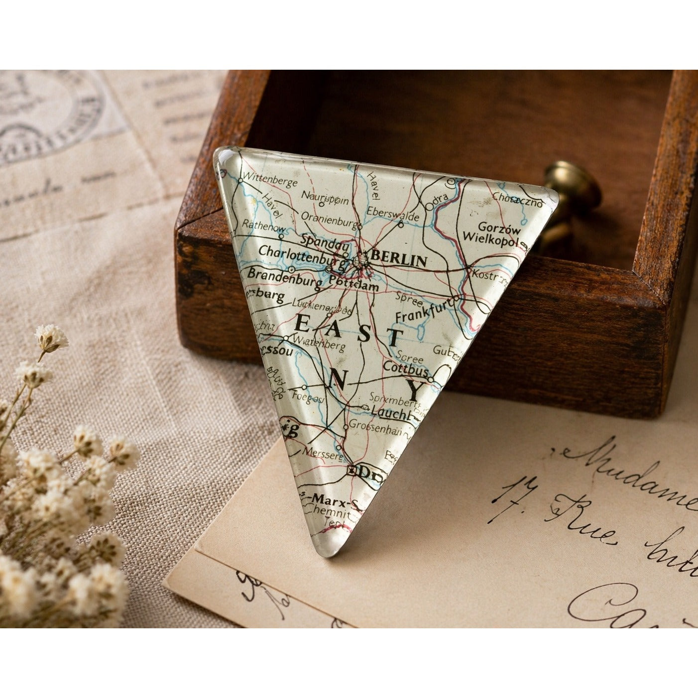 Vintage Map Attack Berlin East Germany Triangle Brooch Pin Blue Glitter Back