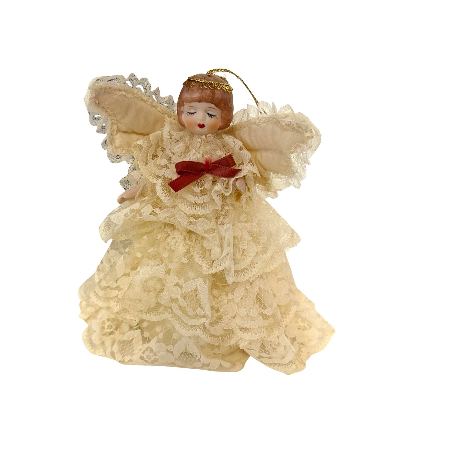 Vintage MidWest Taiwan Lace Angel Christmas Tree Ornament Cream Lace Dress 6 Inch
