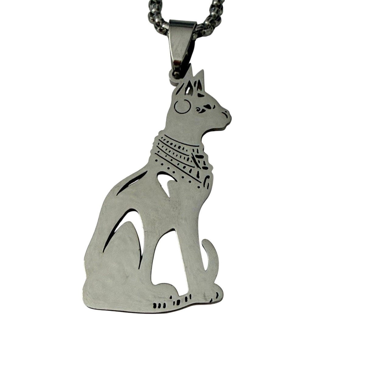 Egyptian Bastet Cat Goddess Pendant Necklace Silver Tone 22 Inch