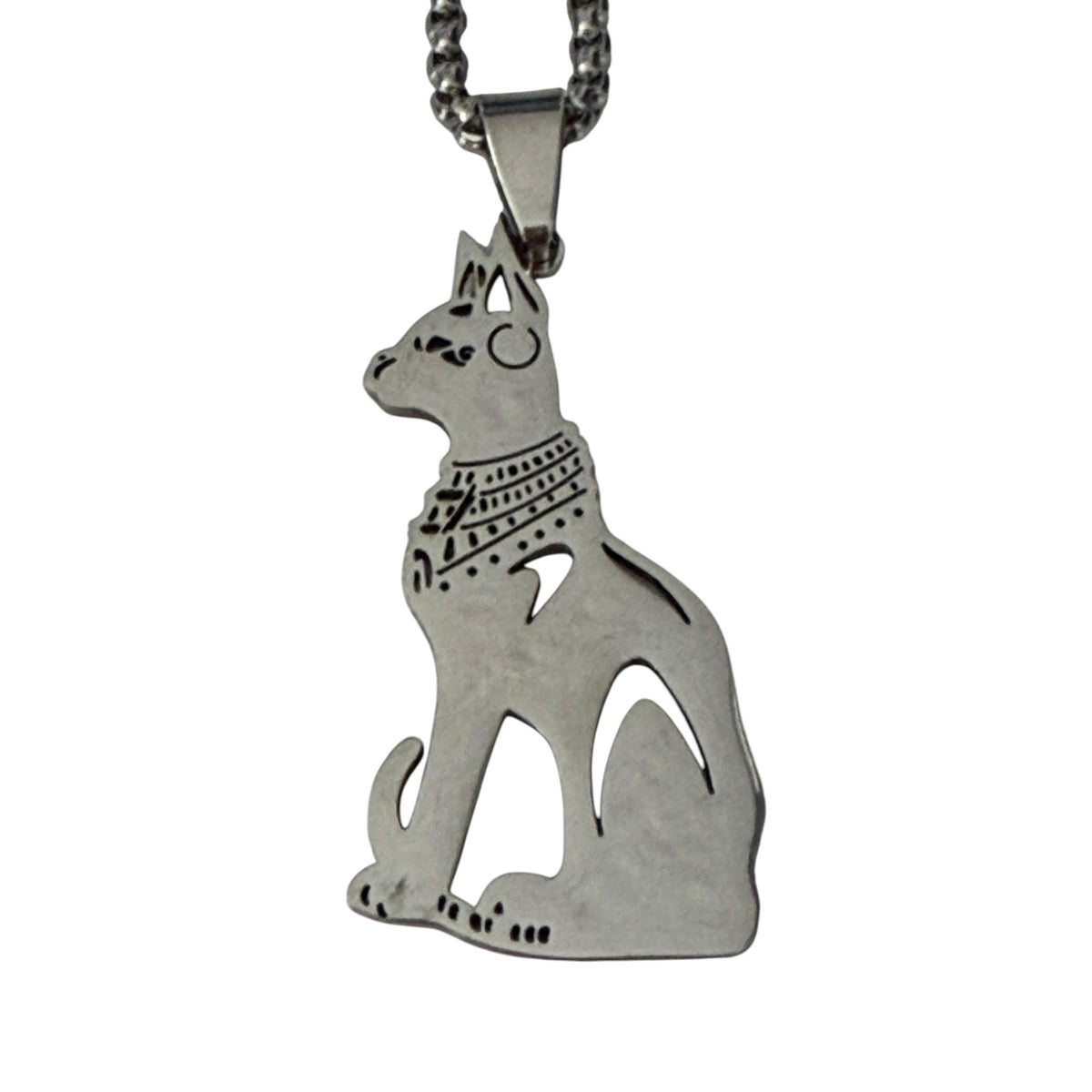 Egyptian Bastet Cat Goddess Pendant Necklace Silver Tone 22 Inch