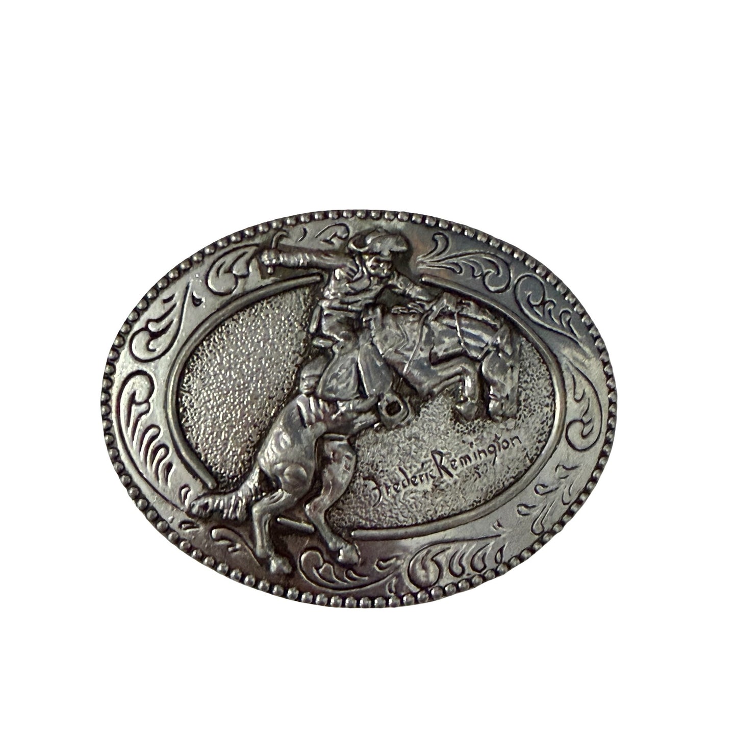 Frederic Remington The Broncho Buster Western Cowboy Belt Buckle Silver Tone
