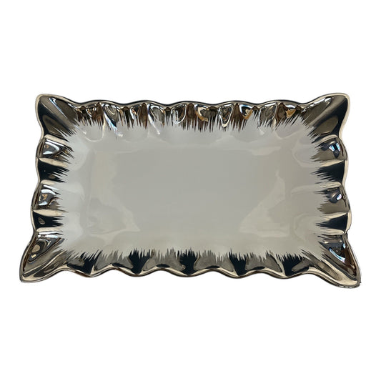 Nicole Miller Home Silver Ceramic Rectangular Ruffled Edge Serving Platter – 10 x 6 x 2