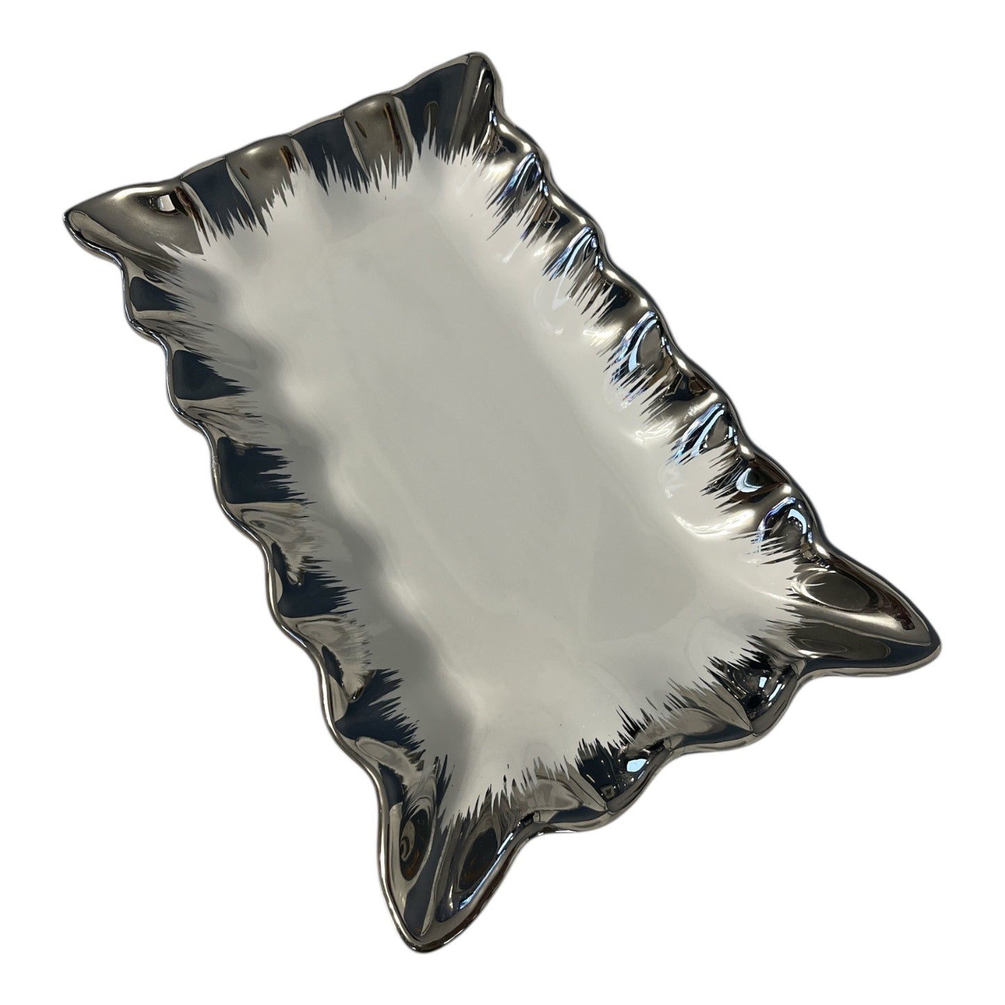 Nicole Miller Home Silver Ceramic Rectangular Ruffled Edge Serving Platter – 10 x 6 x 2
