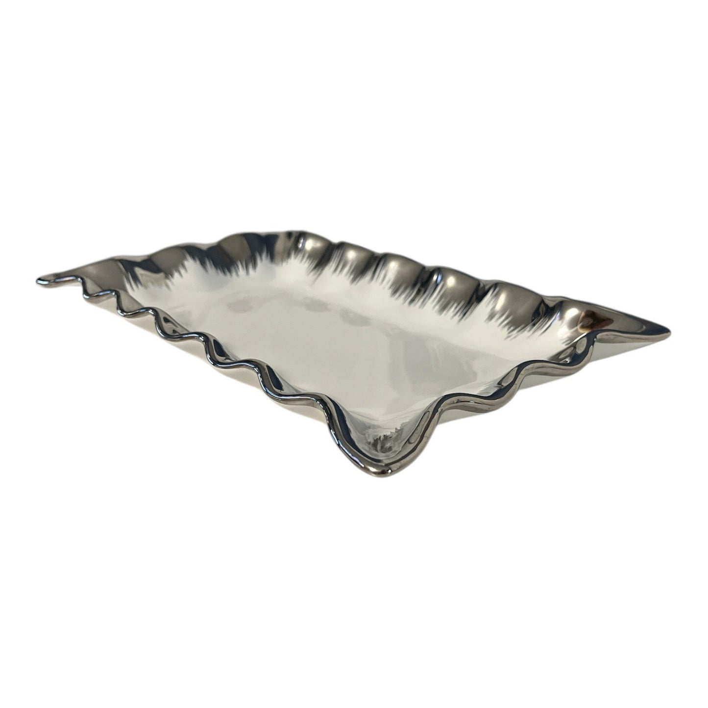Nicole Miller Home Silver Ceramic Rectangular Ruffled Edge Serving Platter – 10 x 6 x 2