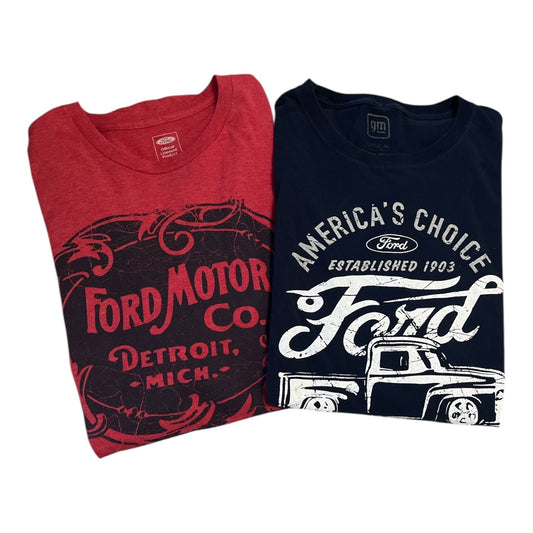 Set of 2 Ford Graphic T-Shirts – XXL – Vintage Truck & Detroit Logo – Licensed Auto Tee Bundle – 48x31 – 2010s