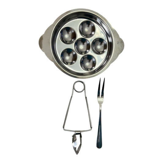 Escargot Snail Dish Stainless Steel 6 Well Pan Set of 4 With Tongs Fork Boxed