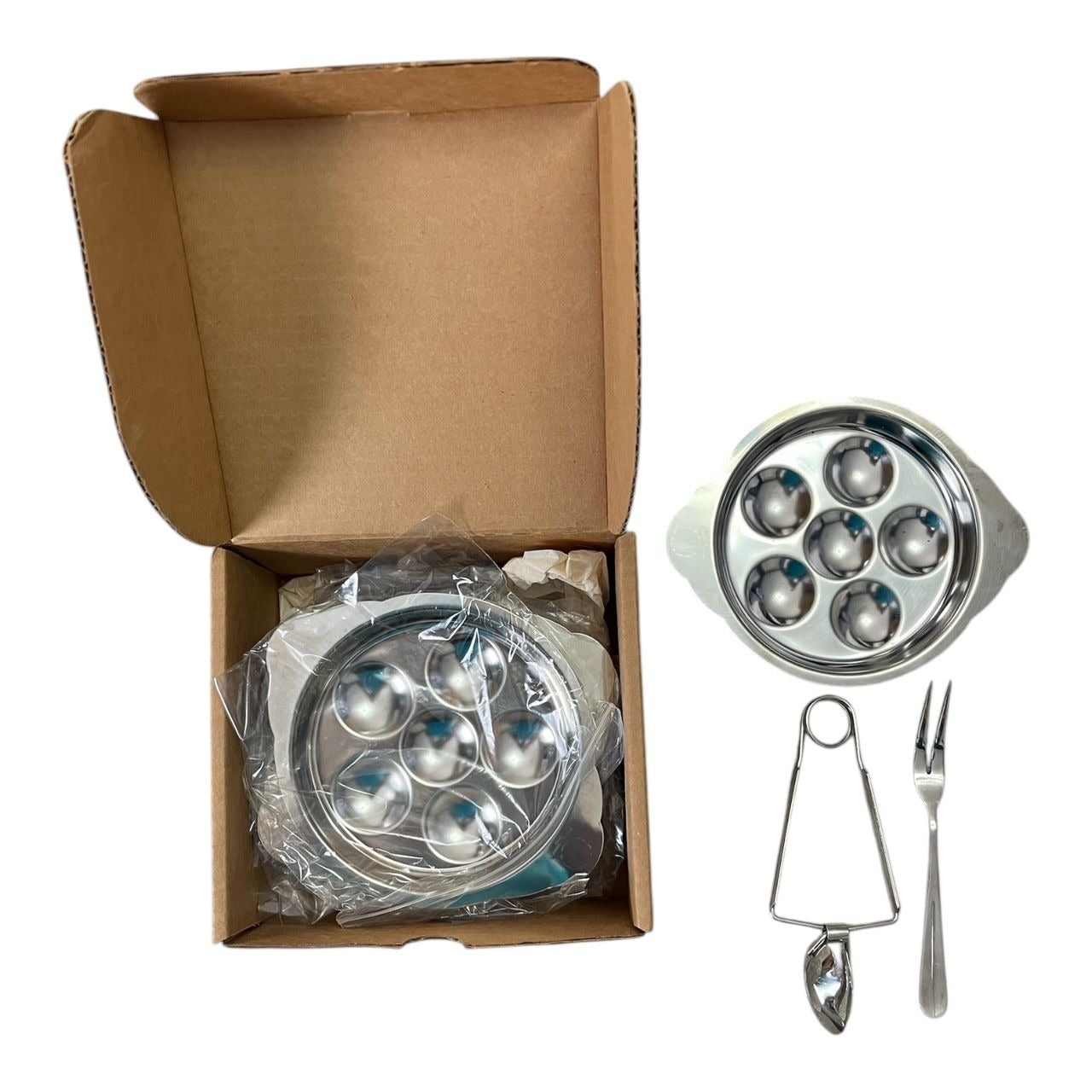 Escargot Snail Dish Stainless Steel 6 Well Pan Set of 4 With Tongs Fork Boxed