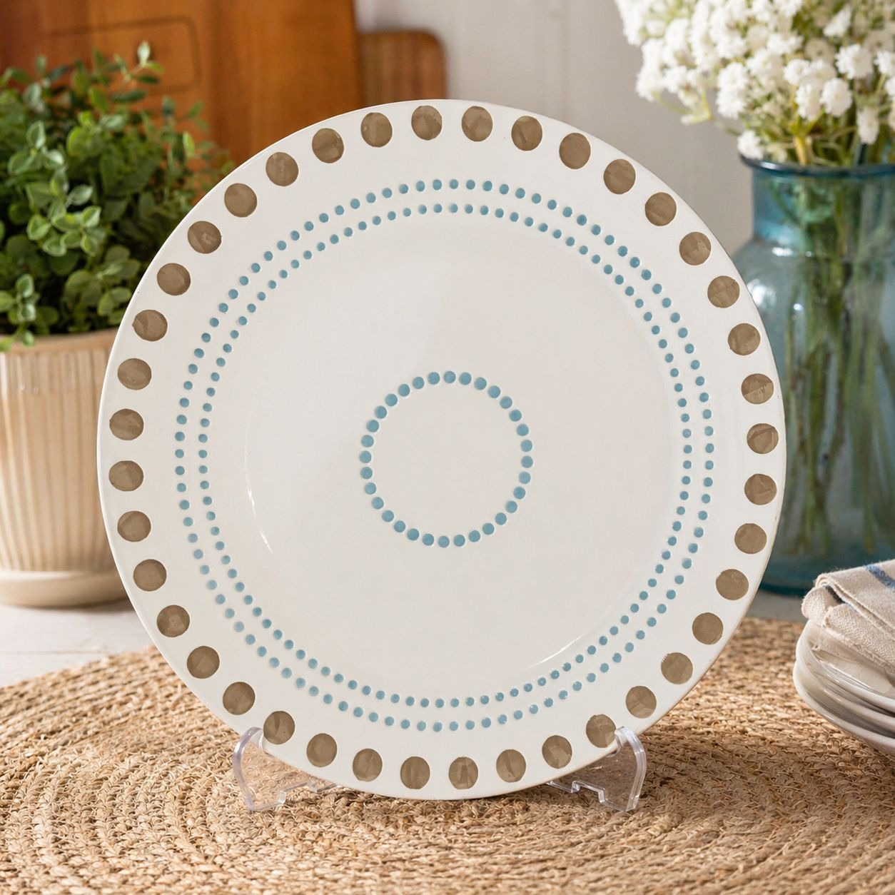 Rachael Ray Circles and Dots Dinner Plate 10.75” Blue Brown Polka Dot Stoneware