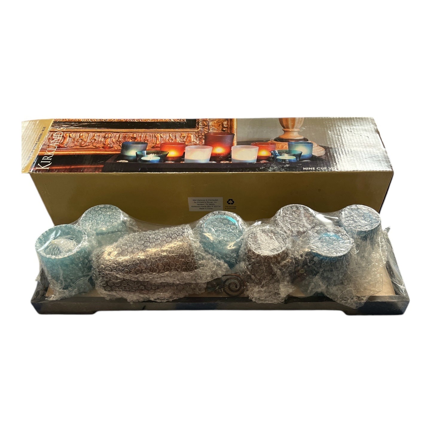 Kirkland Nine Cup Votive Garden Blue Glass Candle Holder Set Tray