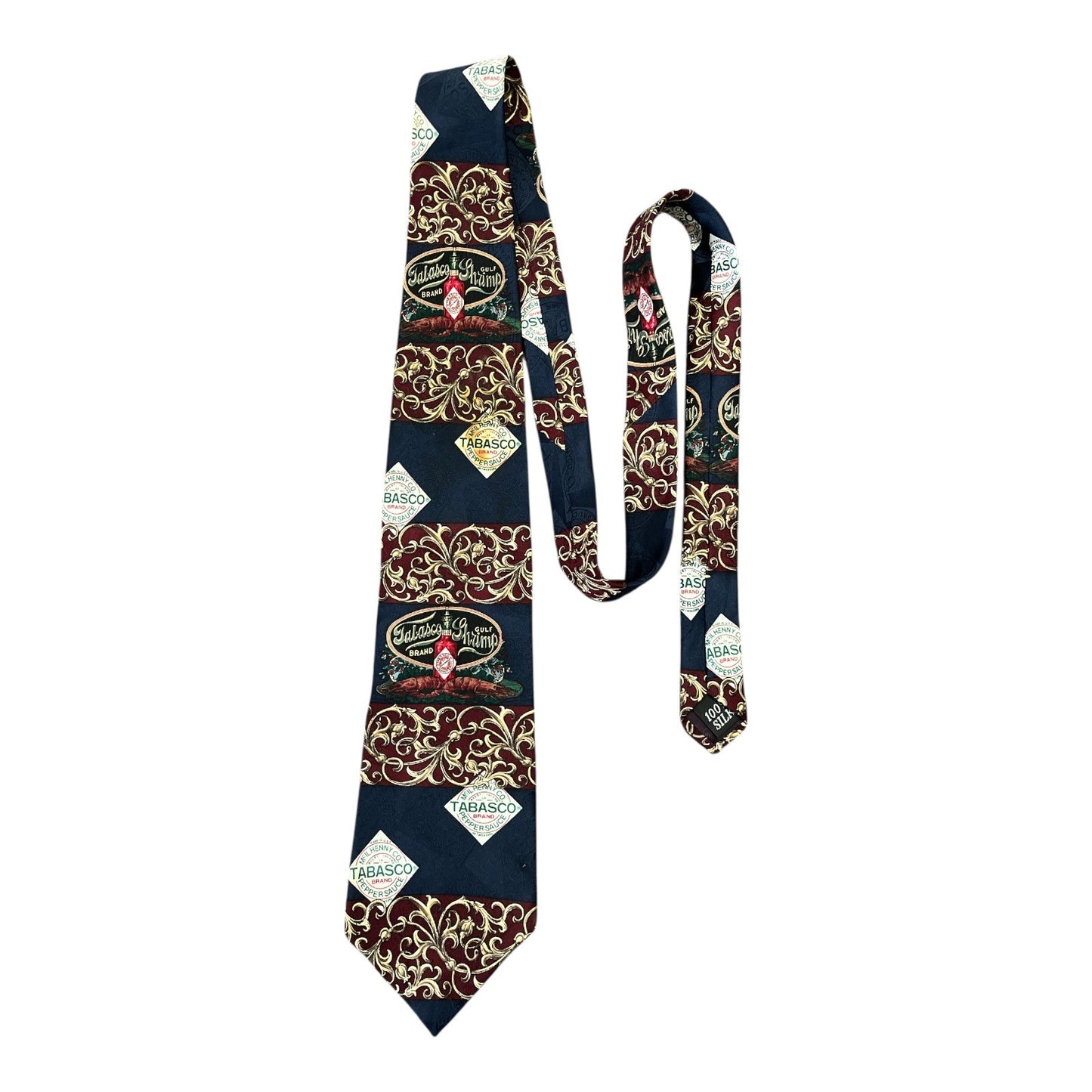 Tabasco Brand Gulf Shrimp Silk Tie – Vintage McIlhenny Co. Design – 57” – Hot Sauce Theme
