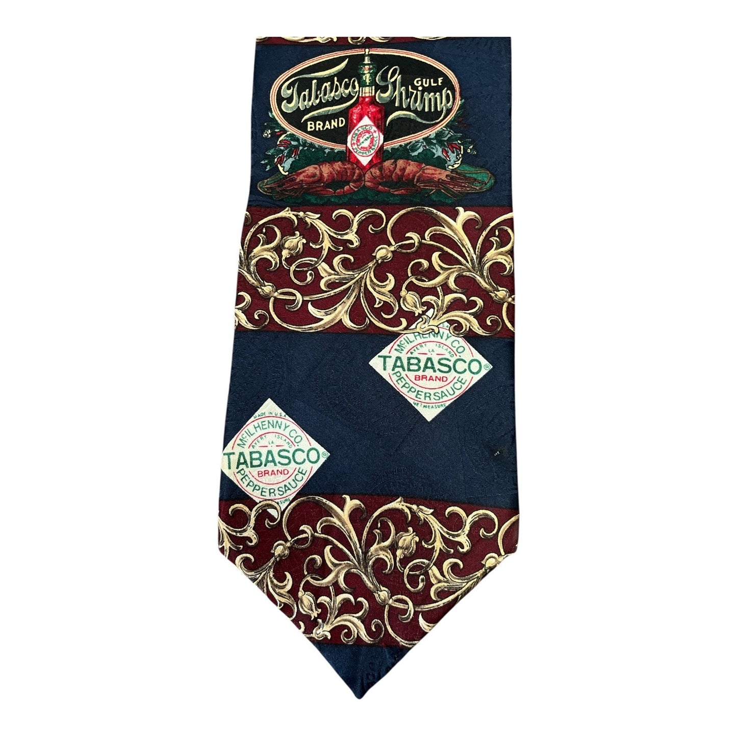Tabasco Brand Gulf Shrimp Silk Tie – Vintage McIlhenny Co. Design – 57” – Hot Sauce Theme
