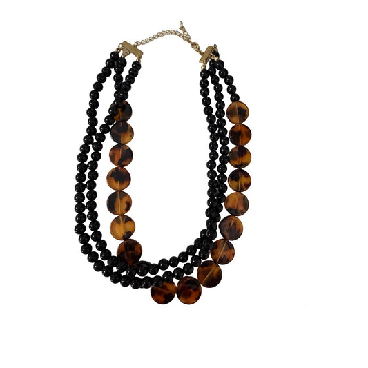 Vintage Black Bead Tortoiseshell Lucite 3 Strand Statement Necklace 14 Inch