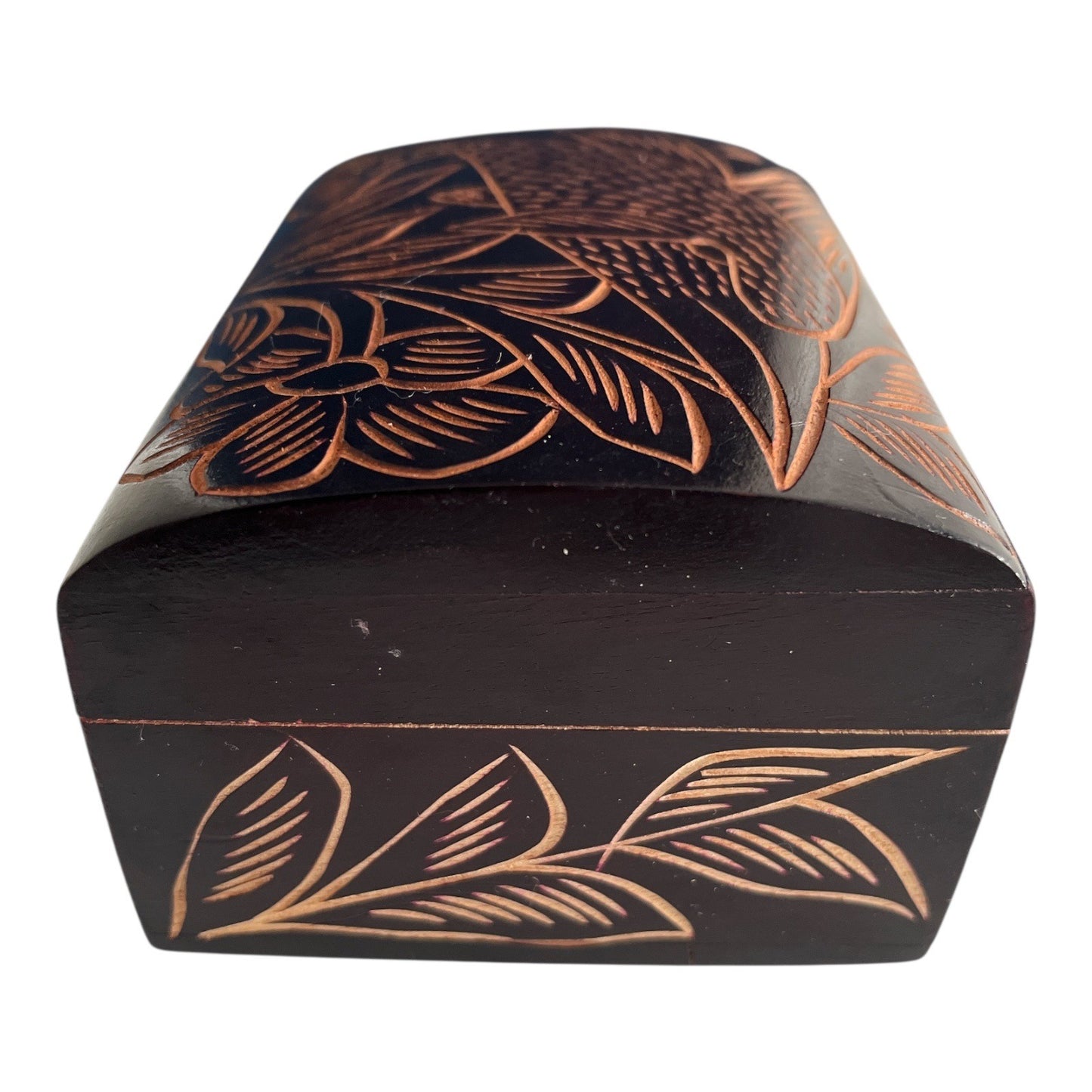 Vintage Hand-Carved Wooden Trinket Box – Floral & Bird Design – Dark Stain