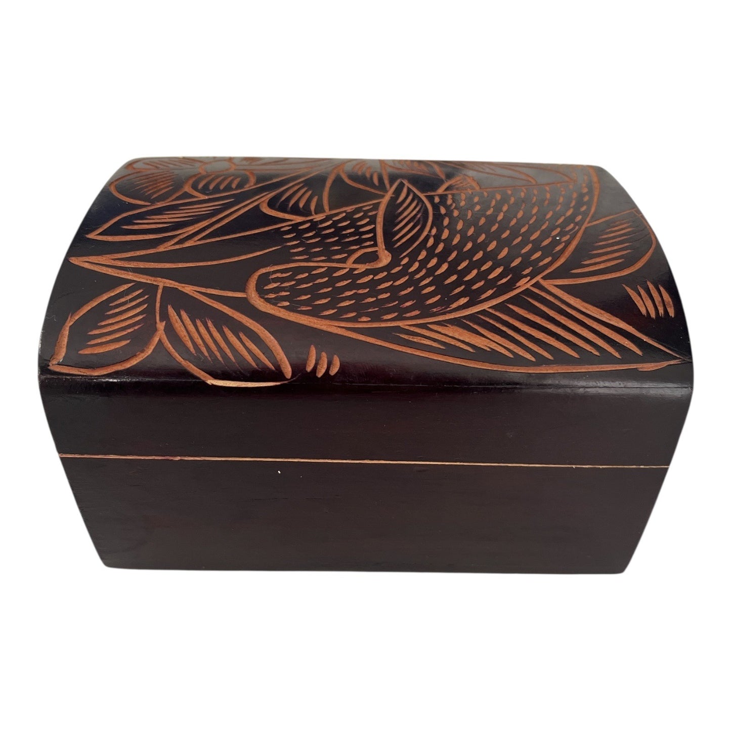 Vintage Hand-Carved Wooden Trinket Box – Floral & Bird Design – Dark Stain