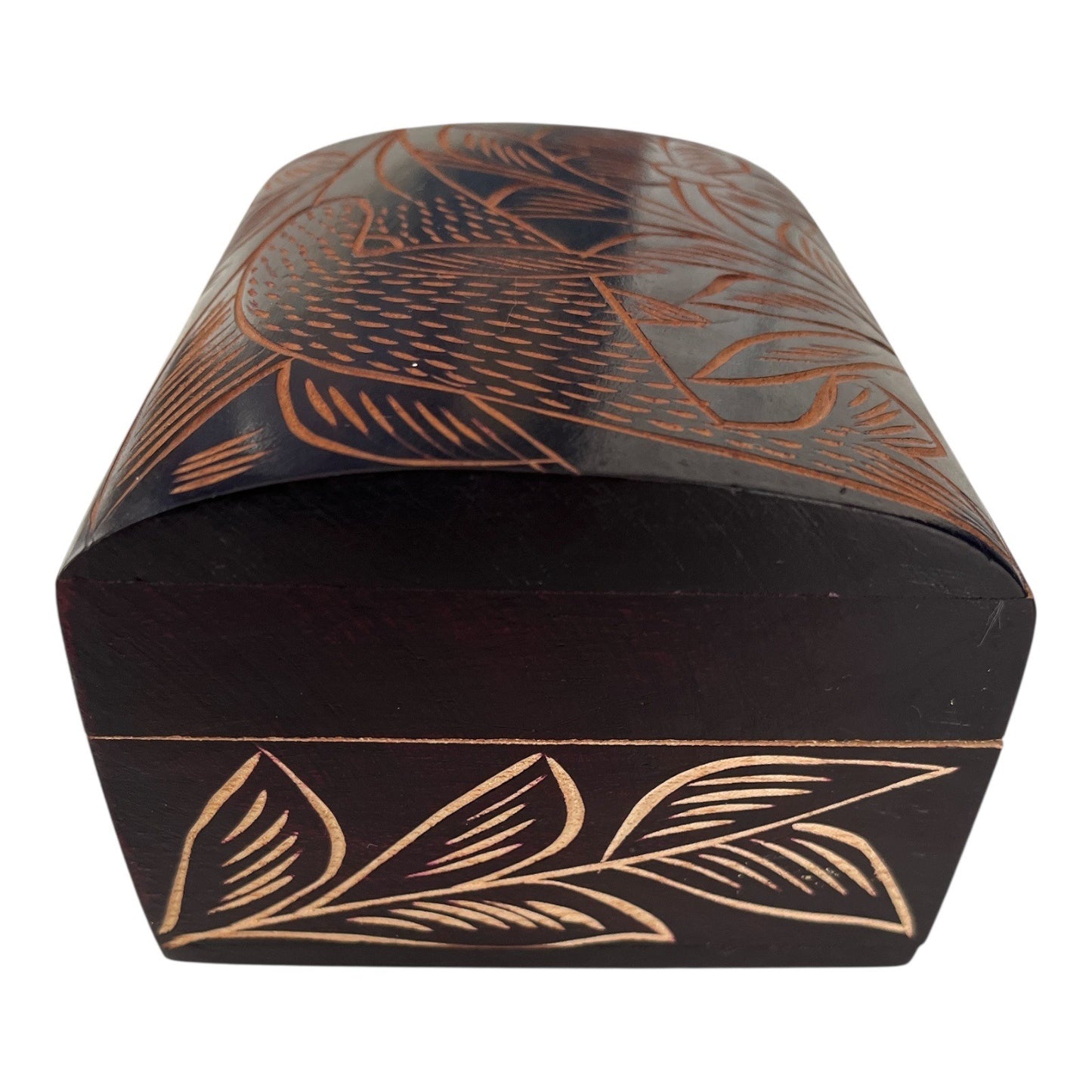 Vintage Hand-Carved Wooden Trinket Box – Floral & Bird Design – Dark Stain
