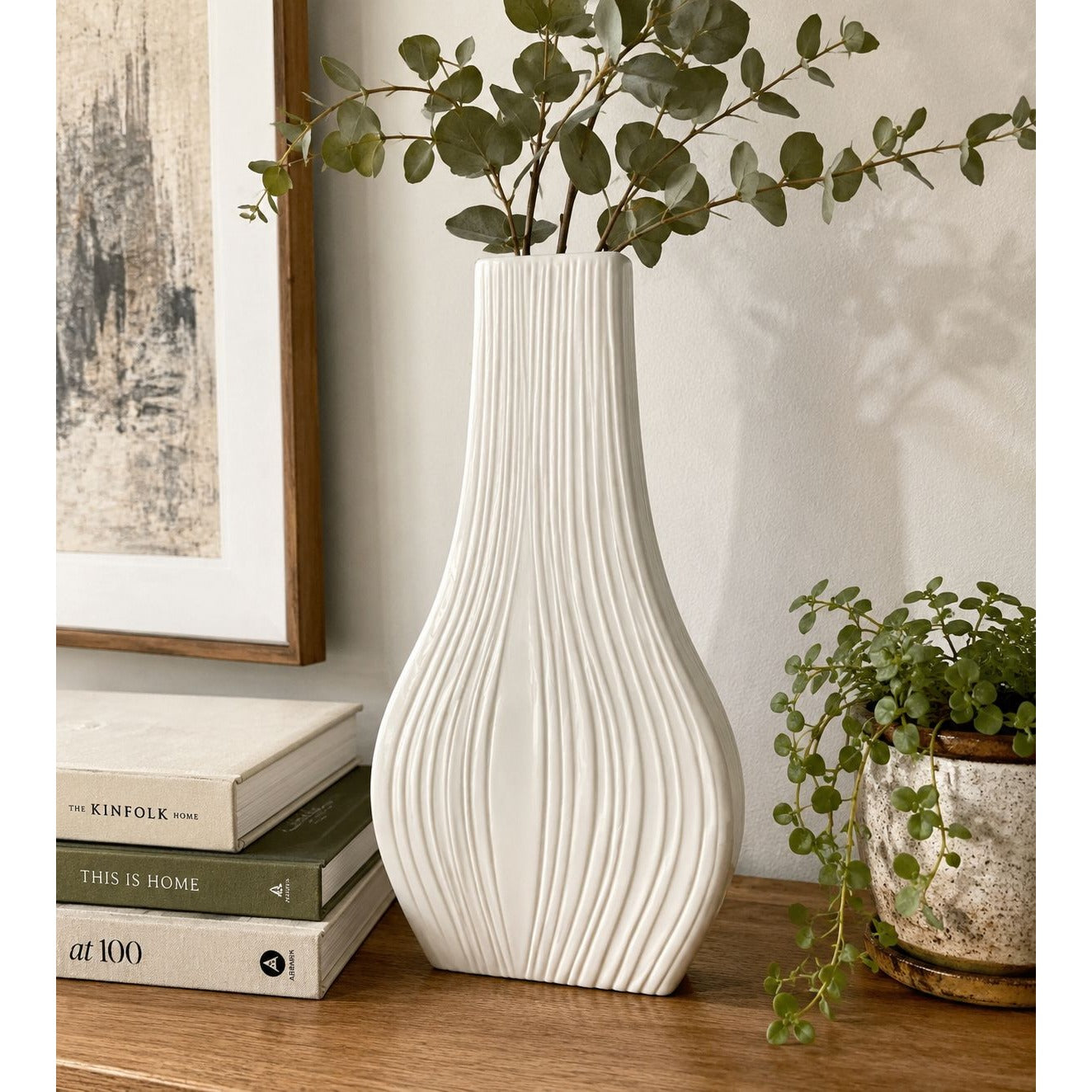 Vintage Artline Israeli Studio Art Pottery Ribbed White Ceramic Vase Modern 10"