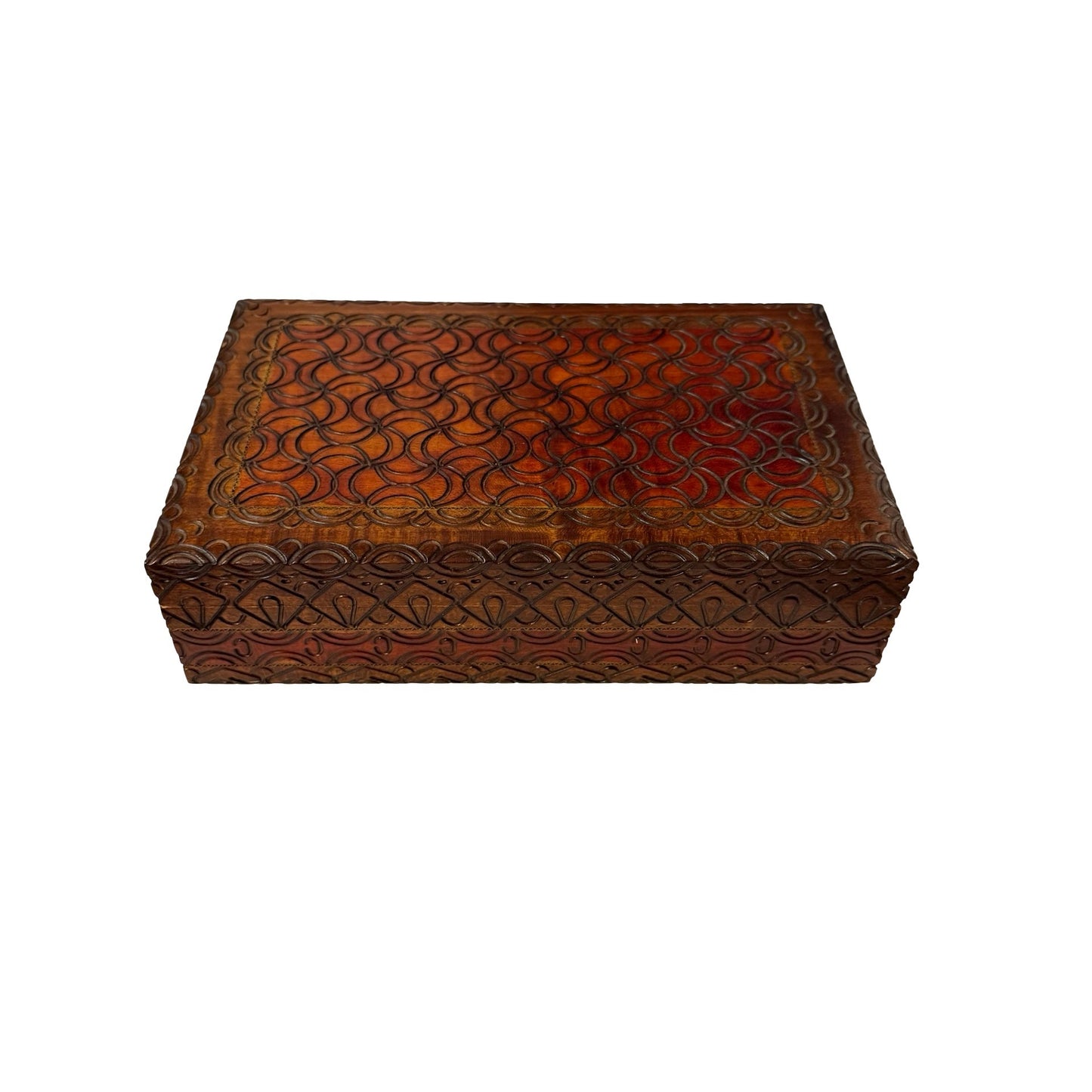 Vintage Hand Carved Wooden Trinket Box Geometric Folk Art Storage Box