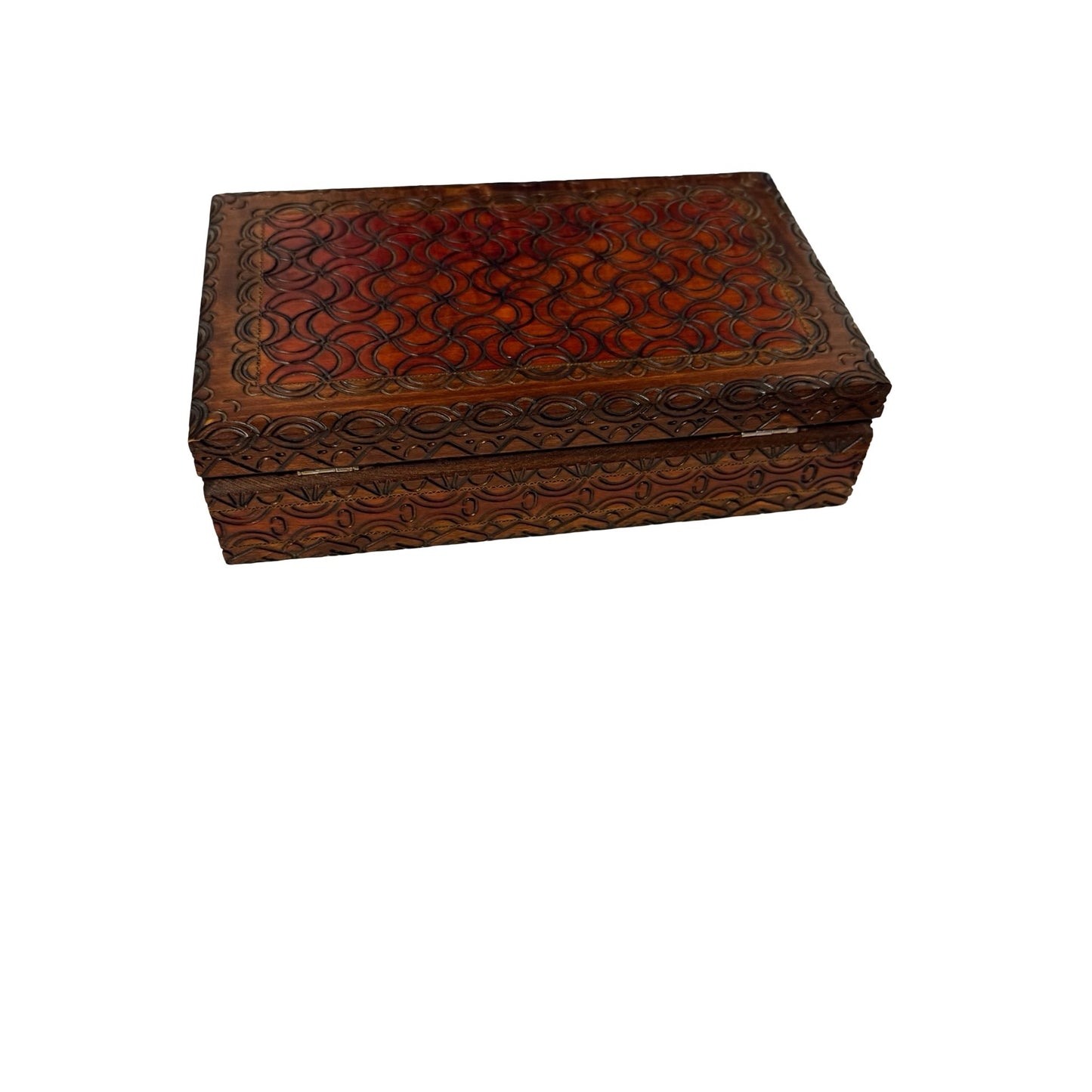 Vintage Hand Carved Wooden Trinket Box Geometric Folk Art Storage Box