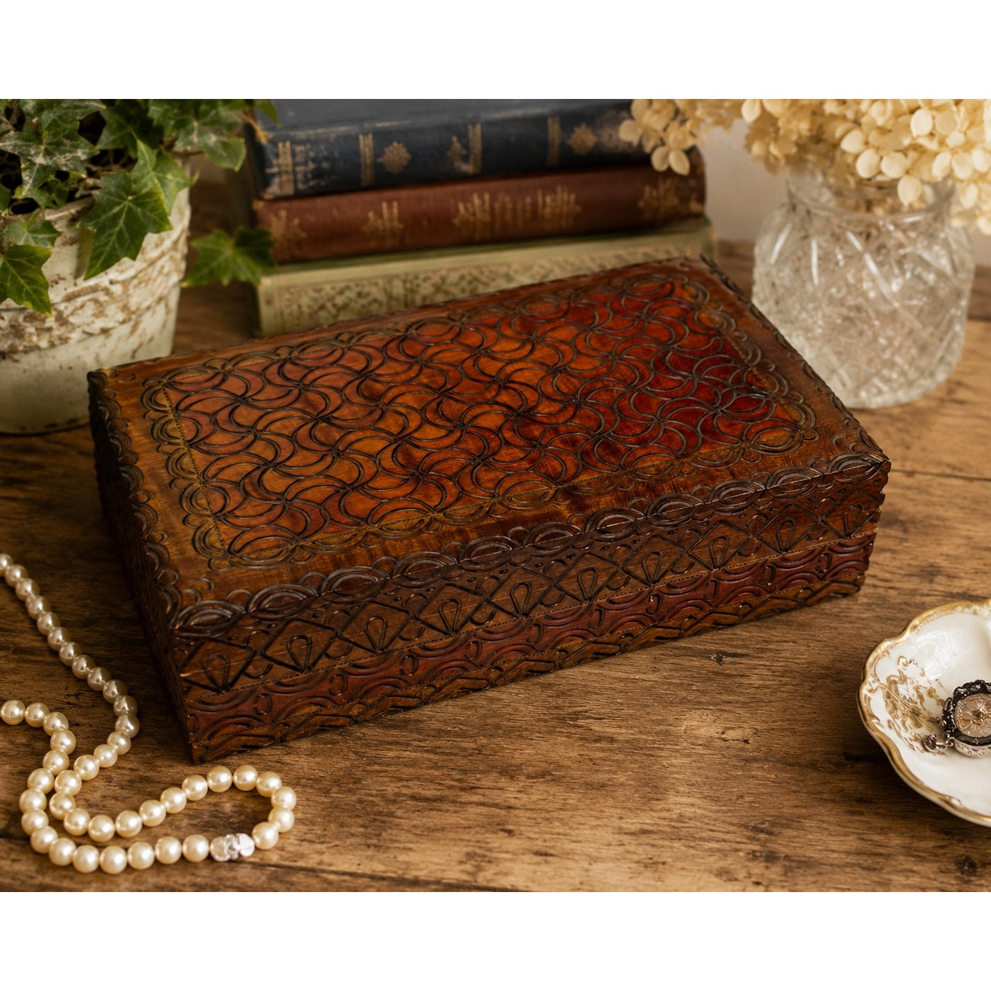 Vintage Hand Carved Wooden Trinket Box Geometric Folk Art Storage Box