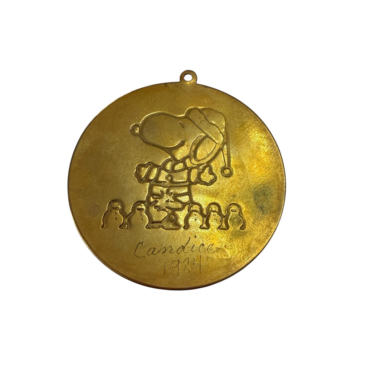 Vintage 1984 Peanuts Snoopy Woodstock Brass Christmas Ornament Personalized 2.25"