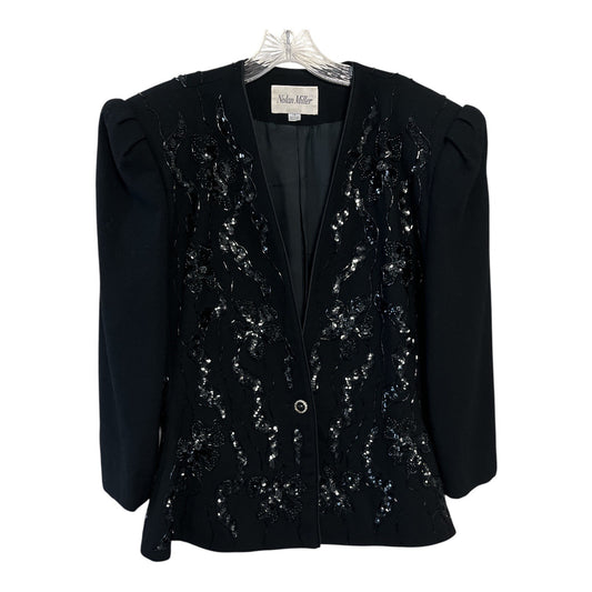 Vintage Nolan Miller Beaded Wool Blazer Jacket Black Floral Sequin Embellished Size 14