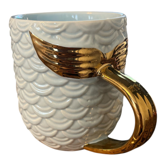 Mermaid Tail Handle Ceramic Mug – Light Blue Scales with Gold Fin – 4 x 3.25" – Fantasy Ocean Theme