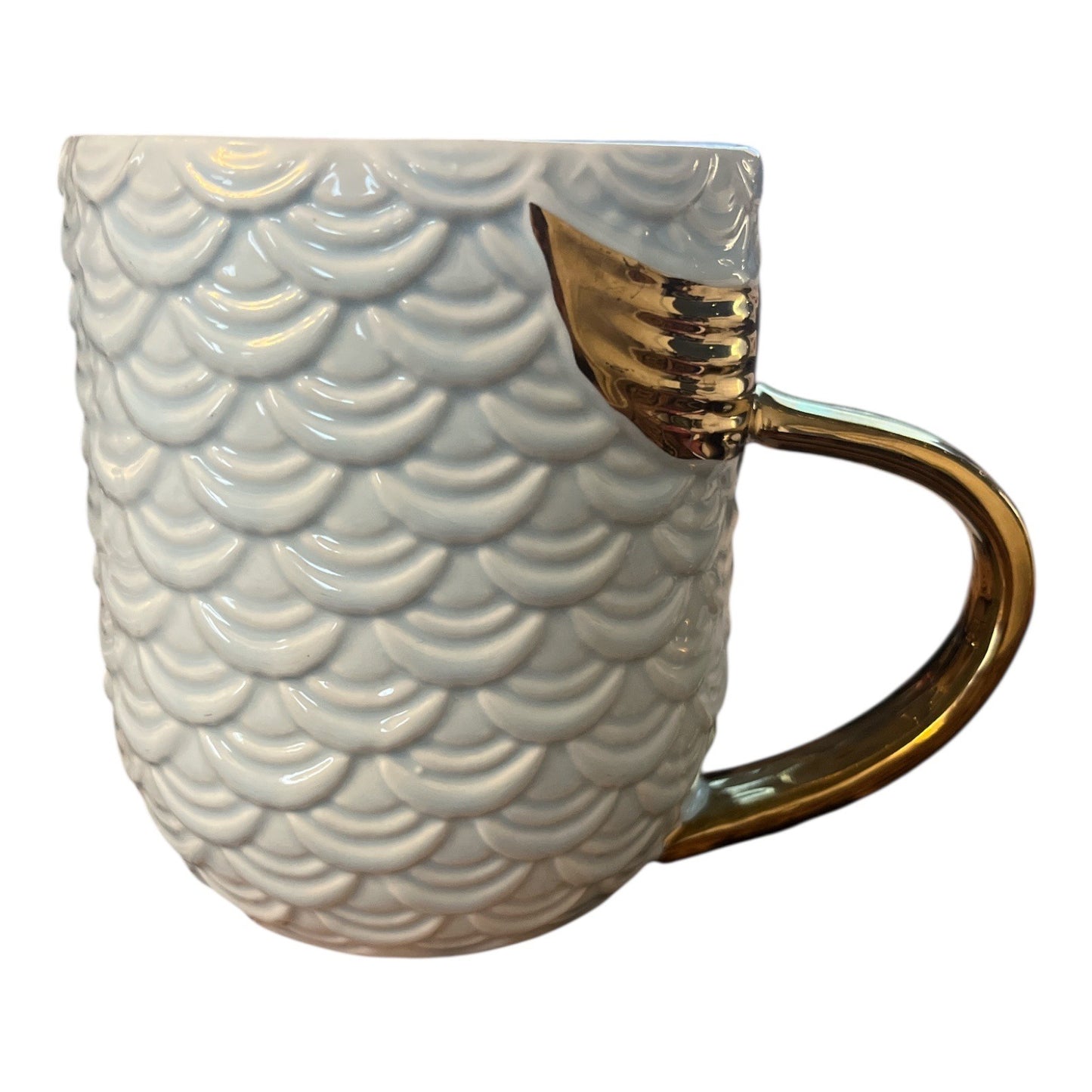 Mermaid Tail Handle Ceramic Mug – Light Blue Scales with Gold Fin – 4 x 3.25" – Fantasy Ocean Theme
