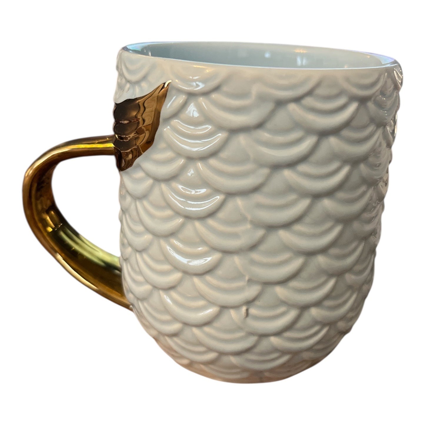 Mermaid Tail Handle Ceramic Mug – Light Blue Scales with Gold Fin – 4 x 3.25" – Fantasy Ocean Theme