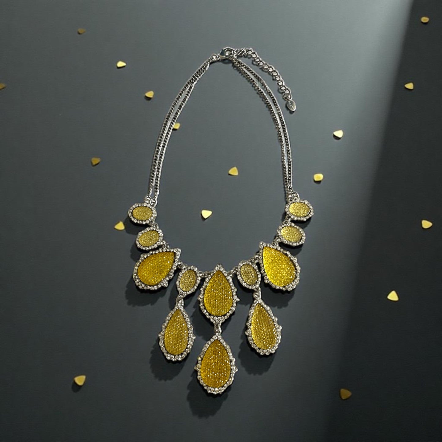 Aldo Statement Necklace with Yellow Beaded Teardrop Pendants and Rhinestone Trim