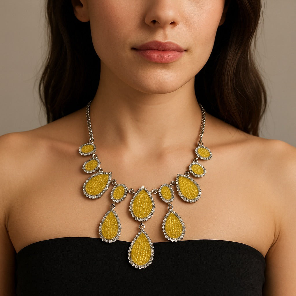 Aldo Statement Necklace with Yellow Beaded Teardrop Pendants and Rhinestone Trim