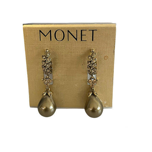 Signed Monet Gold Tone Drop Earrings Faux Pearl Dangle Rhinestone Leaf NWT