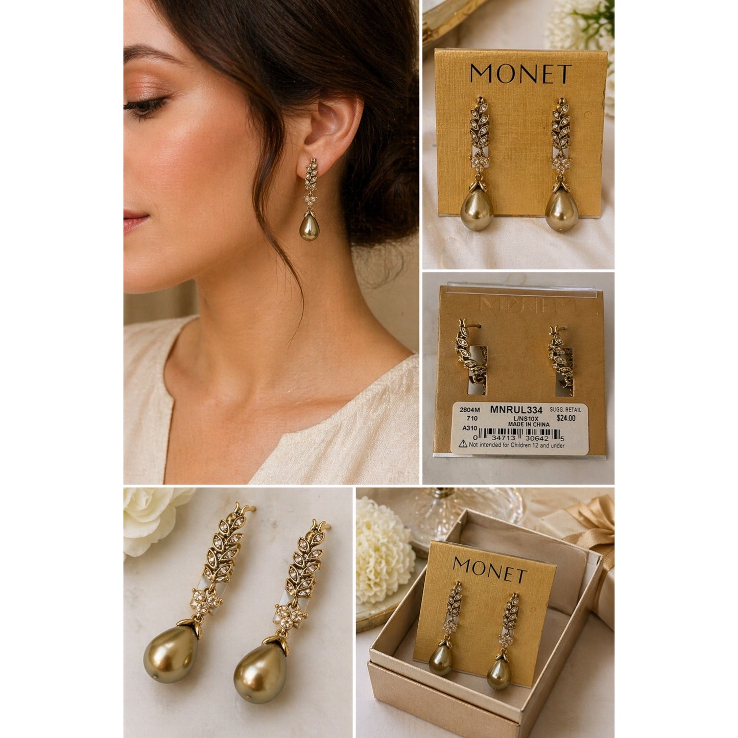 Signed Monet Gold Tone Drop Earrings Faux Pearl Dangle Rhinestone Leaf NWT
