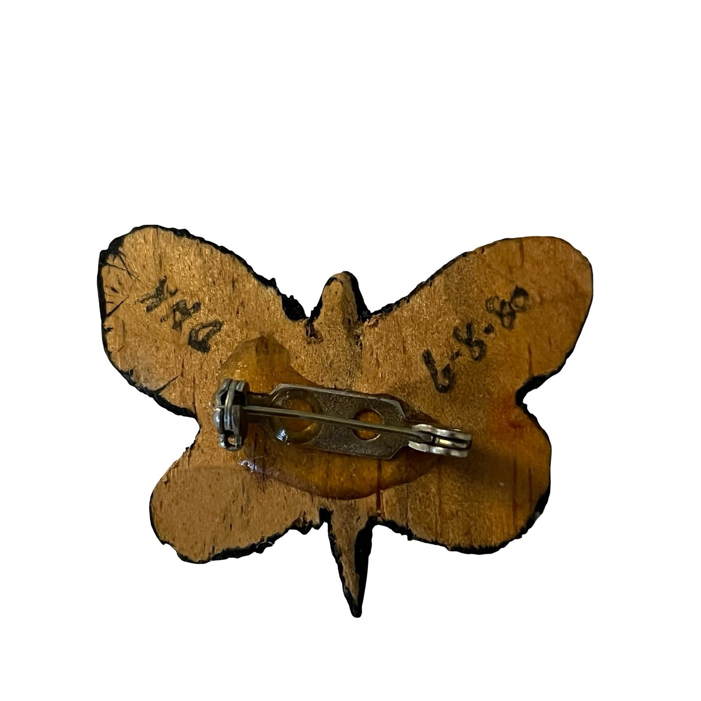 Vintage Hand Painted Wooden Butterfly Brooch Folk Art Black Butterfly Pin Signed DHK 6-8-80
