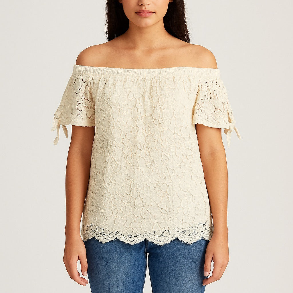 Haute Monde Women’s Size L Off-Shoulder Ivory Lace Top – Short Sleeve Boho Blouse