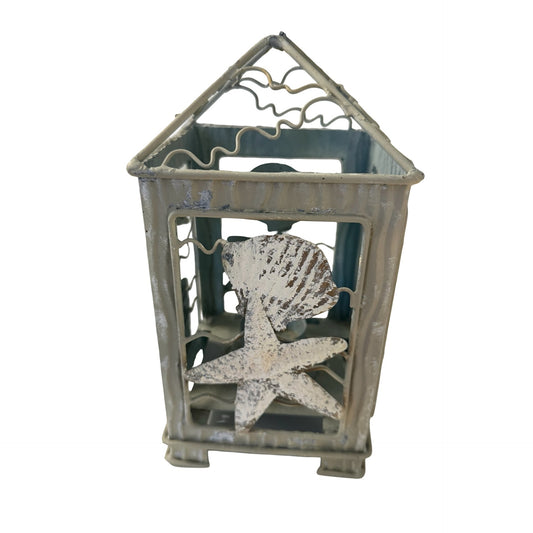 Vintage Coastal Metal Candle Lantern Pelican Starfish Seashell Nautical Beach Decor 9x4.25