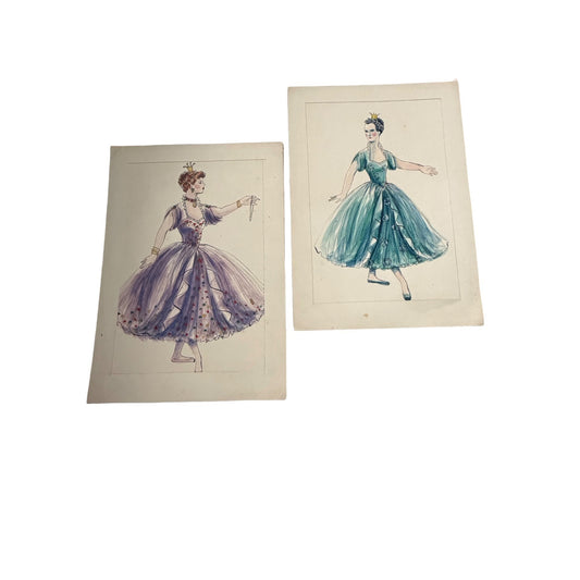 Vintage Czech Popelka Cinderella Ballet Original Costume Design Drawings Pair