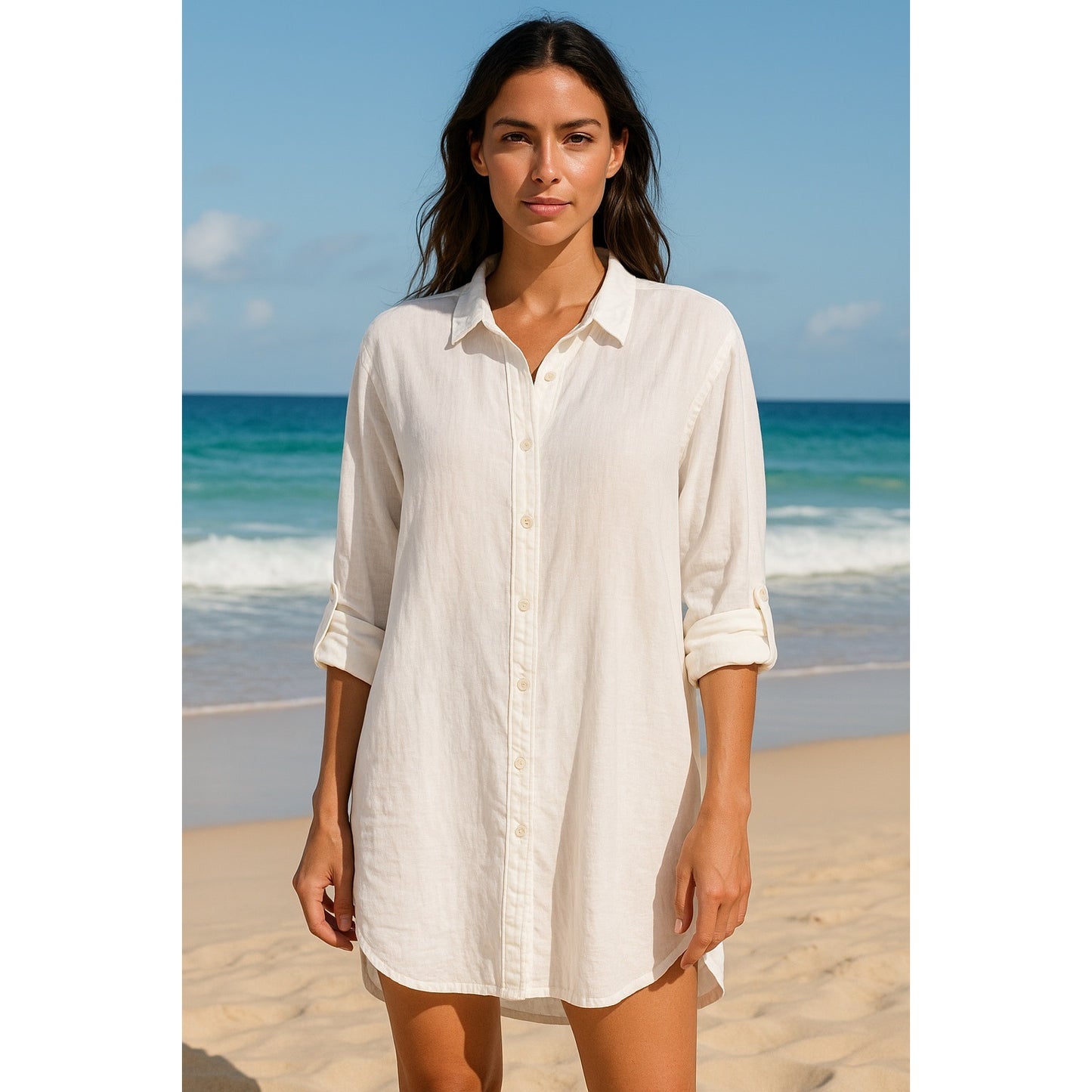 J.Crew Beachwear Linen Cotton Button Front Tunic Top L White Long Sleeve
