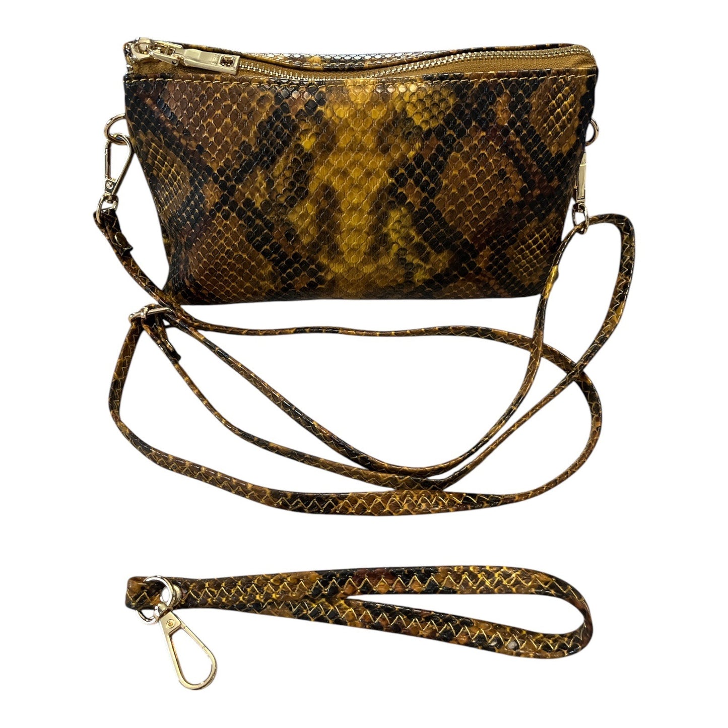 Jenn & Co Snake Print Crossbody Bag Brown Gold Convertible Wristlet Clutch Faux Leather