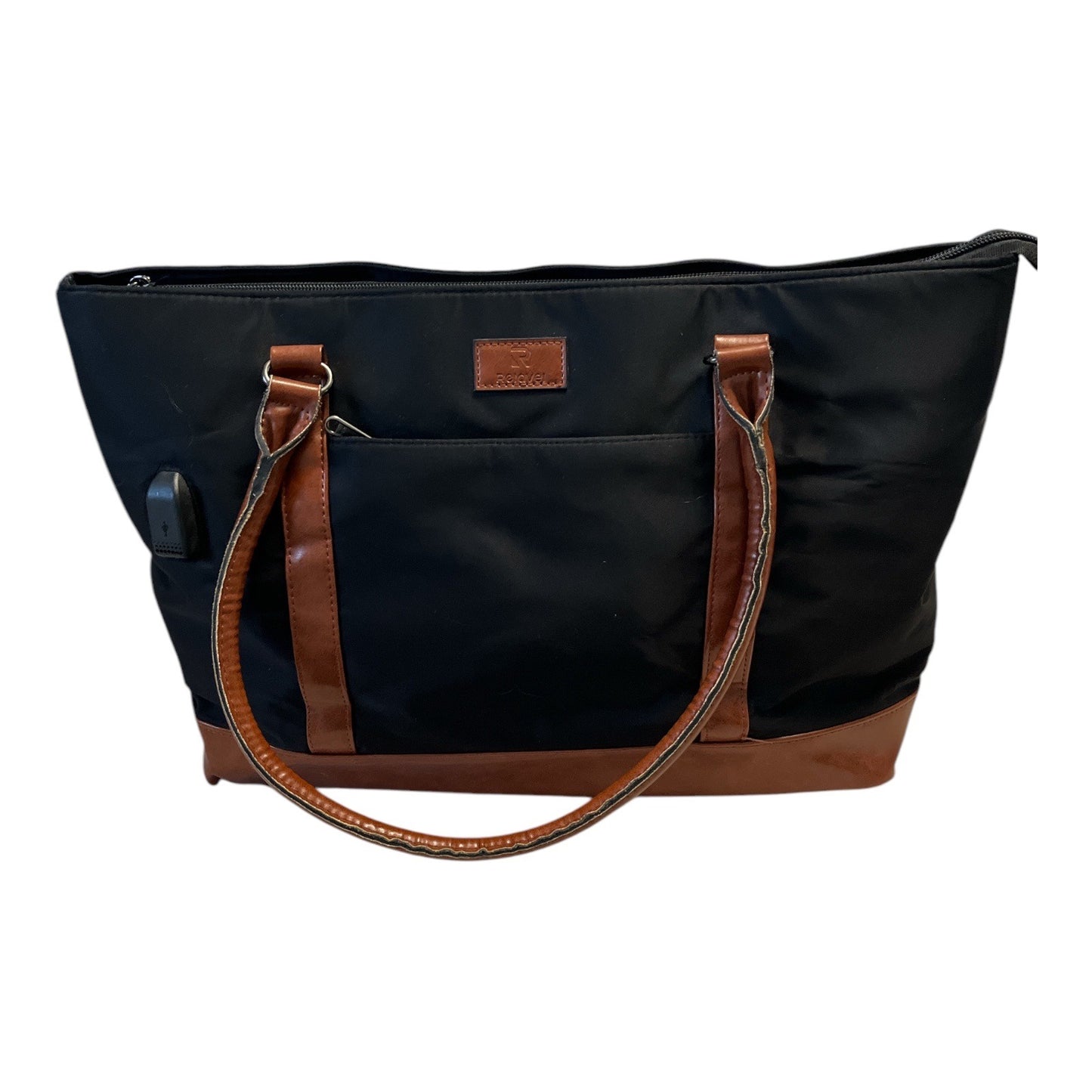 Relavel Black Nylon Tote Bag with Brown Faux Leather Trim – USB Port – Large Work Travel Bag