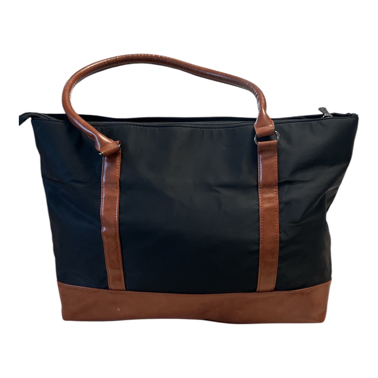 Relavel Black Nylon Tote Bag with Brown Faux Leather Trim – USB Port – Large Work Travel Bag