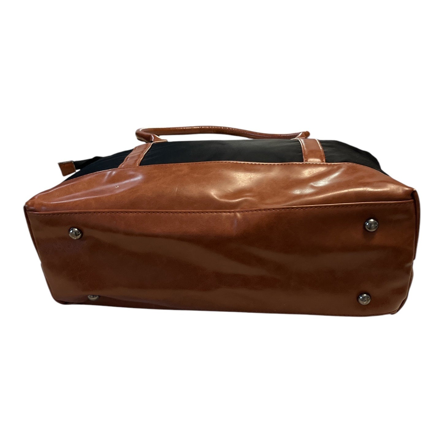 Relavel Black Nylon Tote Bag with Brown Faux Leather Trim – USB Port – Large Work Travel Bag