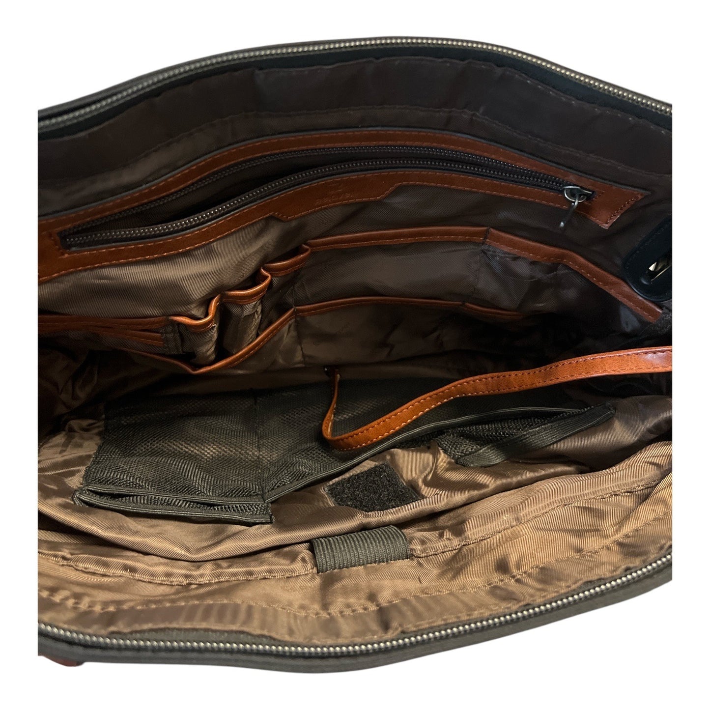 Relavel Black Nylon Tote Bag with Brown Faux Leather Trim – USB Port – Large Work Travel Bag