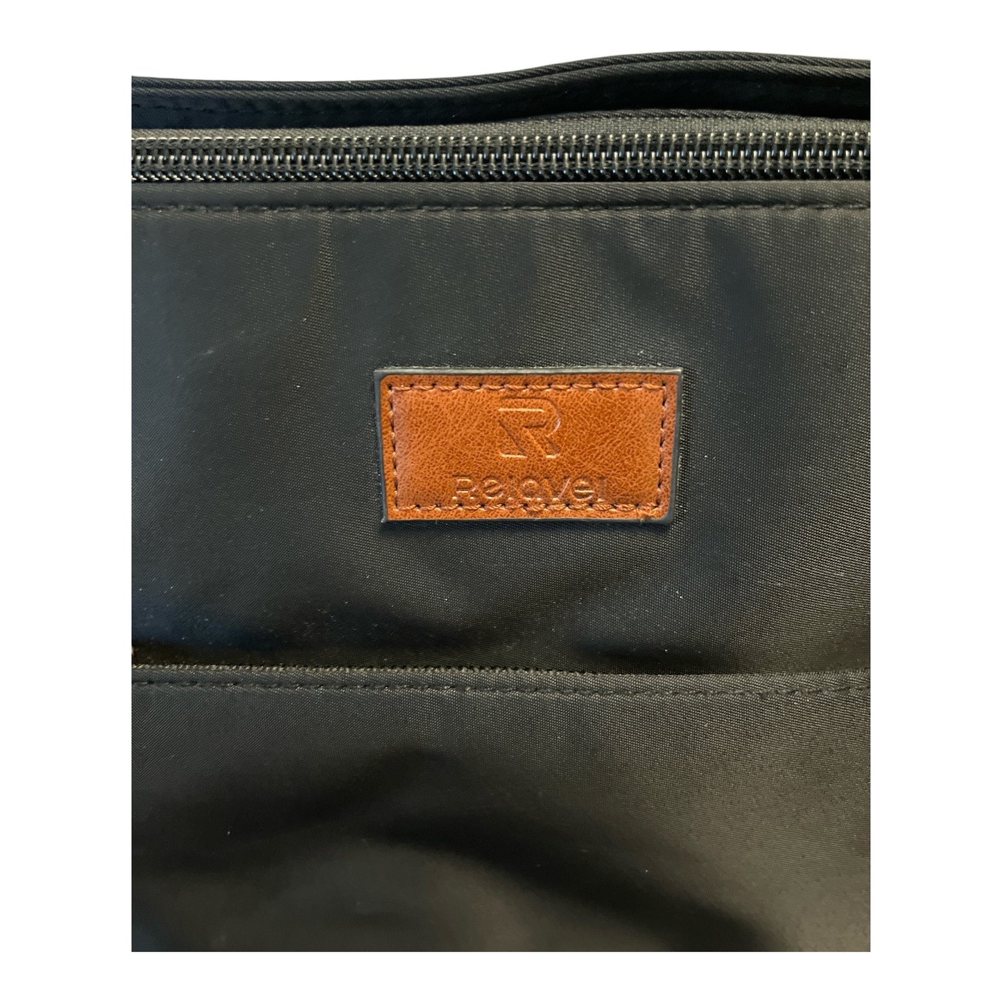 Relavel Black Nylon Tote Bag with Brown Faux Leather Trim – USB Port – Large Work Travel Bag