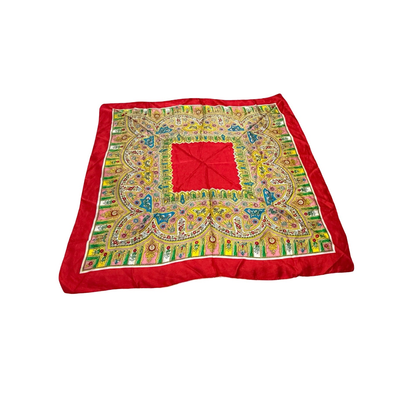 Vintage Vanette Creations French Silk Scarf Red Ornate Hand Rolled Square