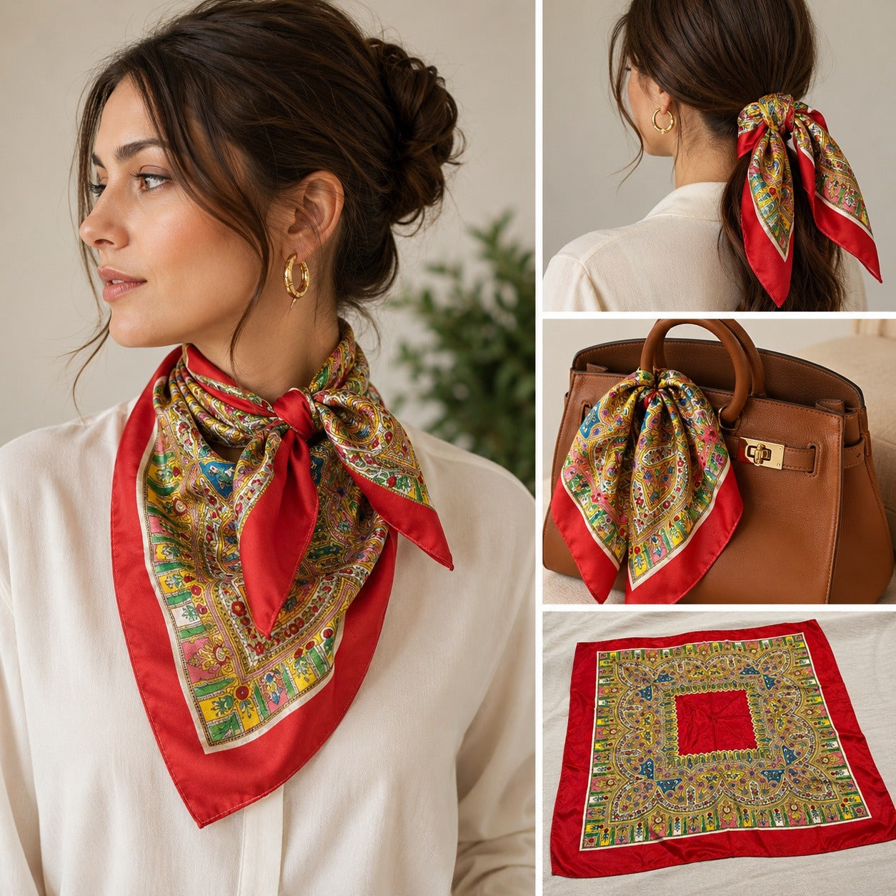 Vintage Vanette Creations French Silk Scarf Red Ornate Hand Rolled Square