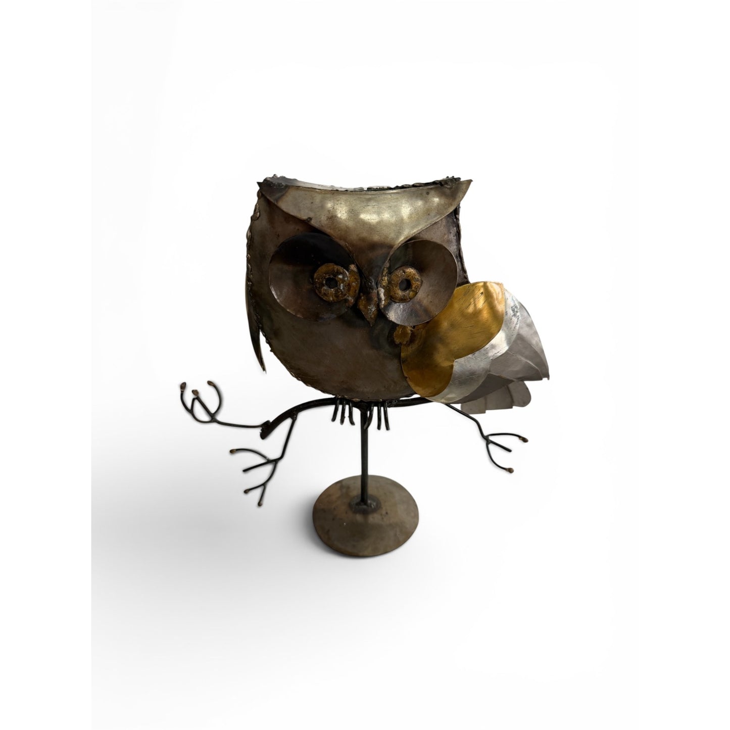 Vintage Handcrafted Metal Owl Sculpture Ensenada Mexico Folk Art Welded Steel Bird Figure