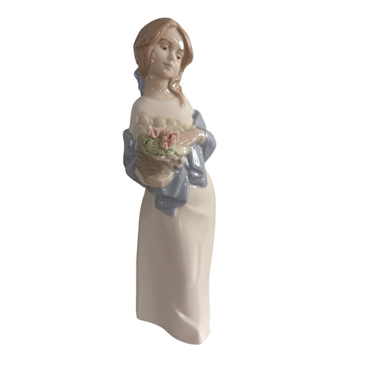Vintage Nadal Spain Girl With Basket of Flowers Porcelain Figurine Blue Shawl